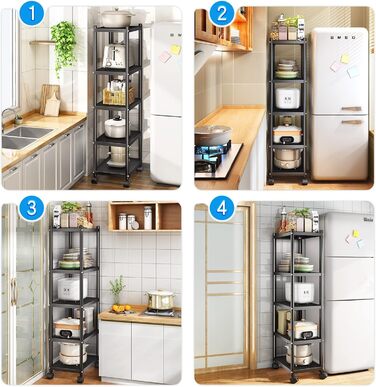 Окремостоячий стелаж SAYZH, 5 ярусів, міцна металева полиця, вузька кухонна полиця, полиця для зберігання з колесами та нековзними ніжками для гаража, кухні, офісу, бібліотеки, кутова, чорна, 5 ярусів