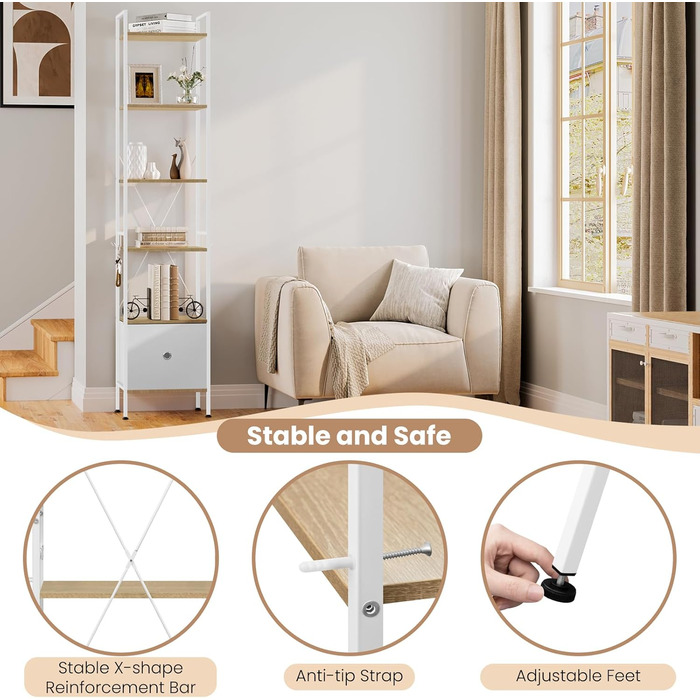 Ярусна окремостояча полиця WOLTU з шухлядою, металевий каркас, для вітальні, кабінету, домашнього офісу, спальні, сучасний колір, світлий дуб білий, RGB63whe 40x30x187 см світлий дуб білий, 5-