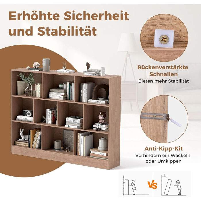 Книжкова полиця COSTWAY з 10 відділеннями, 3-рівнева окремостояча полиця, кубічна полиця, офісна полиця, полиця для зберігання речей для вітальні, спальні, кабінету, офісу, 140 x 24 x 104 см (натуральний колір) Натуральний 10 відділень (140 x 24 x 104 см)