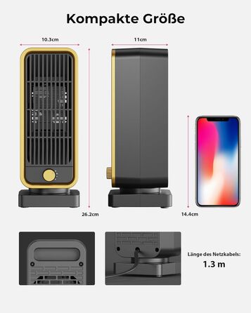 Енергозберігаючий, невеликий, тихий електричний обігрівач - керамічний PTC швидкого нагріву потужністю 900 Вт, 3-швидкісний кнопковий настільний обігрівач із захистом від перекидання для офісу, спальні, ванної кімнати, чорний