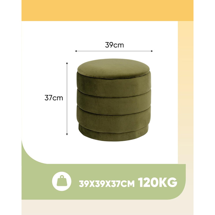 Круглий пуф Bonlife з кришкою, складна підставка для ніг зі столиком, пуф для вітальні, спальні, коридору, оливковий оксамит, 39x39x37 см 39 см оливковий