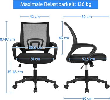Ергономічне офісне крісло Yaheetech, до 136 кг, сітка, чорний