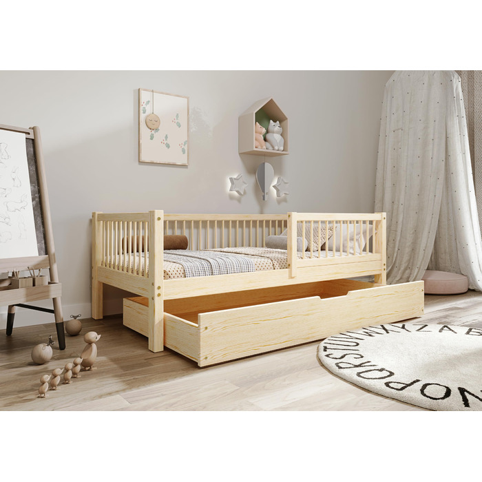 Дитяче ліжко 80x160 з шухлядою - Нефарбоване дерев&39яне ліжко - Односпальне ліжко для дітей з рейковою основою та знімними захисними поручнями - Вантажопідйомність до 100 кг - виготовлено з сосни 1 класу 80x160 Нефарбована деревина