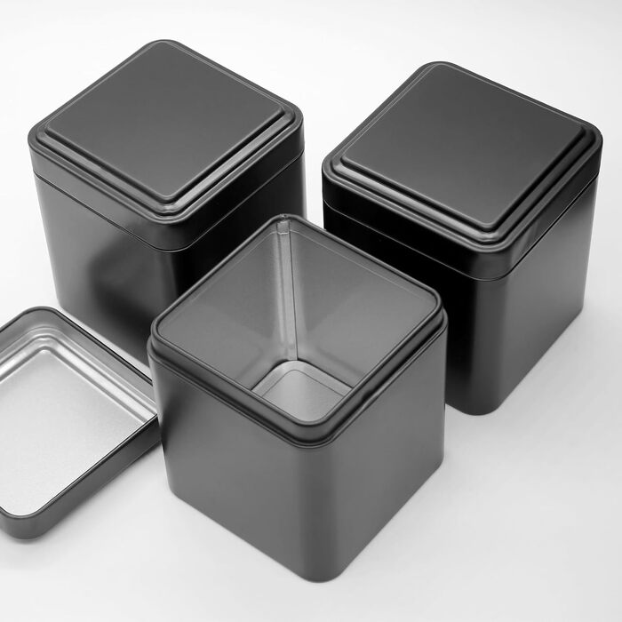 Класичних квадратних чайних банок 7 7 8,5 см для розсипного чаю, металеві чайні банки чорного кольору, включаючи 20 етикеток, для чаю, кавових зерен, спецій, 12