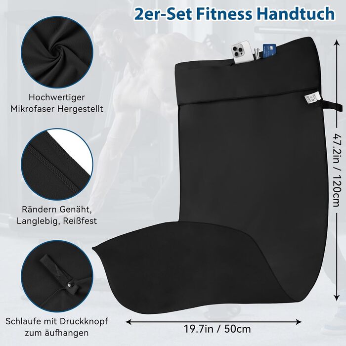 Рушники Novent Fitness з мікрофібри, 2 шт., 120x50 см, спортивні рушники з кишенею на блискавці, компактні, нековзні та швидковисихаючі, для тренажерного залу, спорту, подорожей, чорні