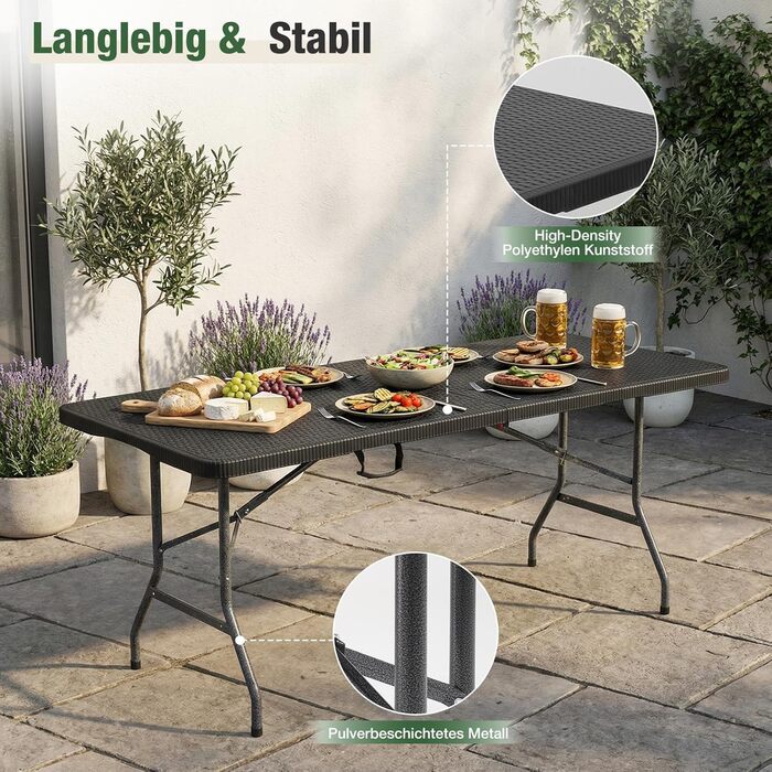 Розкладний фуршетний стіл Sekey, пластик 180 x 74 x 74 см, садовий стіл під ротанг з ручкою для перенесення Розкладний стіл для вечірок для саду, патіо та балкону Кемпінговий стіл на 6 осіб (чорний) Чорний/ротанг