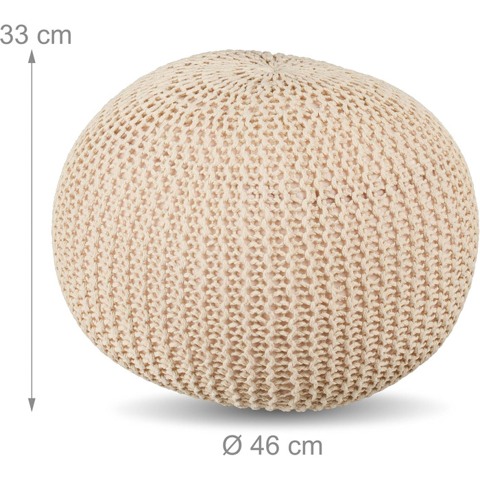 В&39язаний пуф Relaxdays, ВxГ 33 x 46 см, наповнювач з полістиролу, кругла подушка на підлогу, табурет у стилі бохо, пуф із сидінням, бежевий