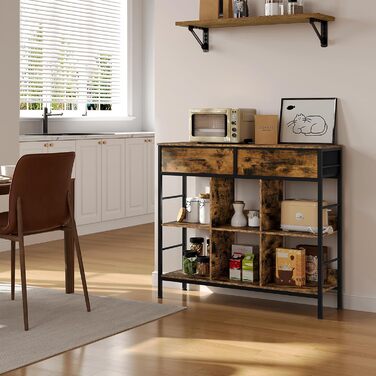 Полиця, книжкова шафа з 2 шухлядами, 6 відкритих відділень, окремостояча полиця з металевим каркасом, полиця для зберігання, для вітальні, кабінету, спальні, рустикальний коричневий, чорний вінтажний коричневий