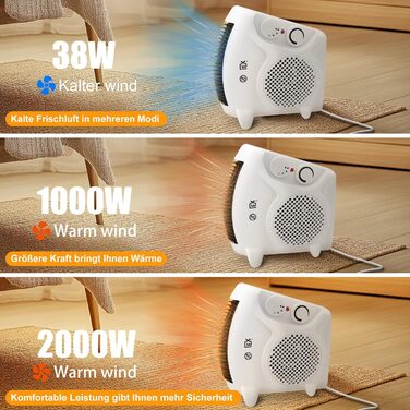 Портативний електричний обігрівач потужністю 2000 Вт з 2 режимами нагріву та функцією охолодження повітря, вертикальна та горизонтальна робота, тихий мідний двигун, захист від перегріву, невеликий обігрівач для офісу, ванної кімнати, спальні
