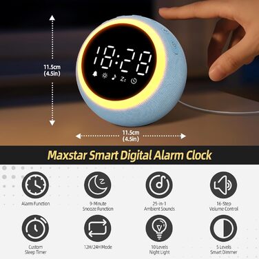 Розумний цифровий будильник з 25 розслаблюючими звуками, нічником, кнопкою повтору будильника, таймером та регульованою гучністю/яскравістю - білий шум для сну для дітей, дівчаток та дорослих у спальні, 12 см, синій