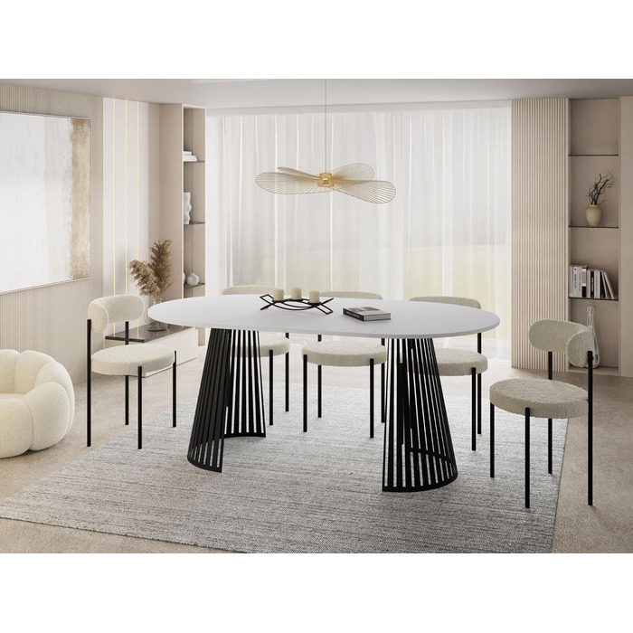 Круглий розкладний обідній стіл з ламелями в стилі лофт 120-200 см Промисловий стіл з чорними металевими ніжками, компактний для вітальні або їдальні білий 120/200 см