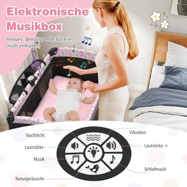 Дорожнє ліжечко COSTWAY 5 в 1 з матрацом, складне приліжкове ліжечко з регульованим балдахіном, дитяче ліжечко з пеленальний килимок, музичний мобіль та сумка для перенесення, дитяче дорожнє ліжечко до 15 кг (рожеві квіти)