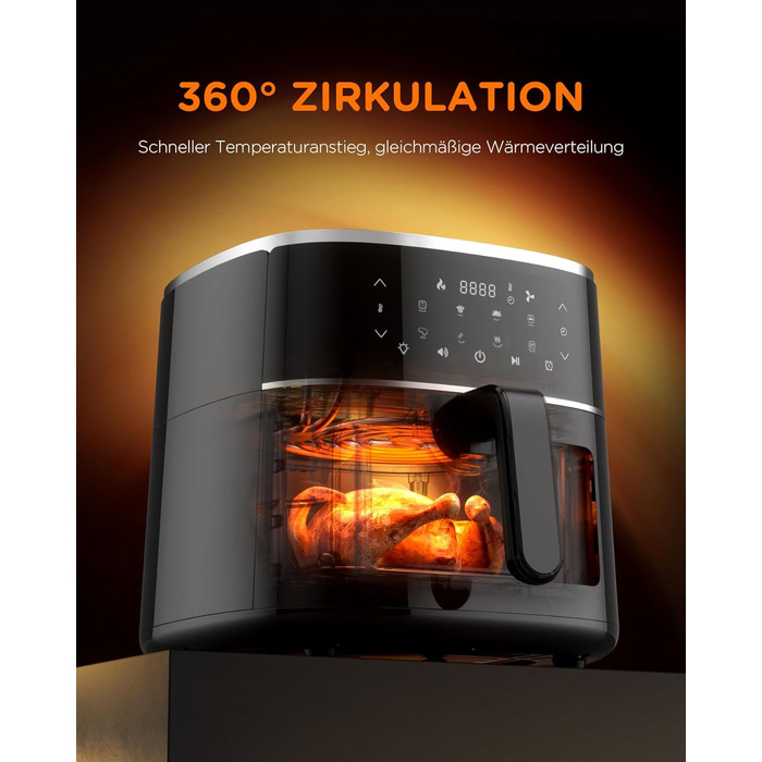 Аерофритюрниця Tomons 6 л, фритюрниця Фритюрниця з гарячим повітрям Фритюрниця з оглядовим вікном Цифровий світлодіодний сенсорний екран, програми 8 в 1 фритюрниця, регульований контроль температури