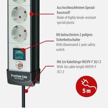 Розетка Brennenstuhl Premium-Line 6-місна (розетка з вимикачем і кабелем 5 м - розташування розеток під кутом 45, настінна розетка
