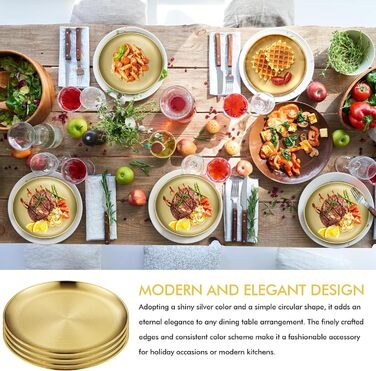 Набір з 4 золотих підносів, діаметр 23 см Сервірувальні підноси з нержавіючої сталі 201, декоративні тарілки золотого кольору, круглі підноси для кухні, ресторану, кафе, кемпінгу та вечірок