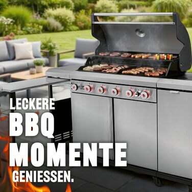 Газовий гриль LANDMANN Gasgrill 6.1 6 пальників, MaxX-Zone, велика площа гриля та чавунні решітки Потужний гриль для саду та відпочинку на природі з LED-регуляторами та бічним столом