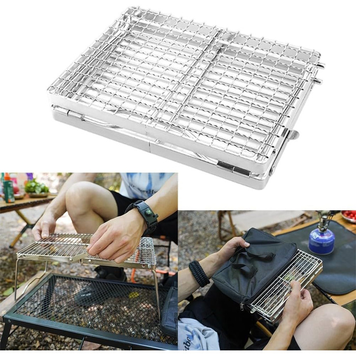 Складана стійка для гриля з нержавіючої сталі DAZZLEEX для кемпінгу, портативна, на відкритому повітрі, для багаття, підставка для гриля, складна стійка для зберігання, кемпінговий гриль, для приготування їжі на пляжі, походів, пікніків