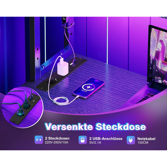 Г-подібний ігровий стіл Coleshome зі світлодіодним освітленням та розетками, 135 x 100 см, двосторонній ігровий стіл з полицями, кутовий стіл із сумкою для зберігання для домашнього офісу та ігор, чорний.