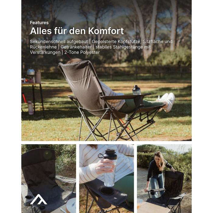 Кемпінгове крісло qeedo Johnny Relax з функцією відкидання, вантажопідйомність до 105 кг, розкладне крісло з підставкою для ніг, тримачем для напоїв та відділенням для охолодження, зручне, регульоване рибальське крісло або крісло для фестивалю, темно-сіри