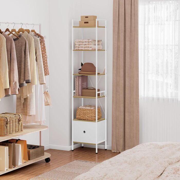 Ярусна окремостояча полиця WOLTU з шухлядою, металевий каркас, для вітальні, кабінету, домашнього офісу, спальні, сучасний колір, світлий дуб білий, RGB63whe 40x30x187 см світлий дуб білий, 5-