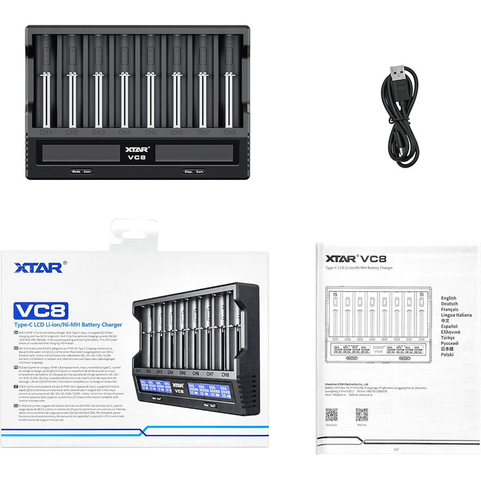 Швидкий зарядний пристрій XTAR VC8 3A USB з 8 відсіками, зарядний пристрій 21700 для акумуляторних батарей IMR 10440 16340 18650 26650 AAA AA C 5 Додатковий струм Заряджає 8 x 21700 Одночасно