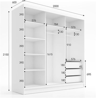 Шафа-купе A&J MbelLand LINA з розсувними дверима, 200 см, з дзеркалом, 3 шухлядами та 3D-ламелями (графіт)