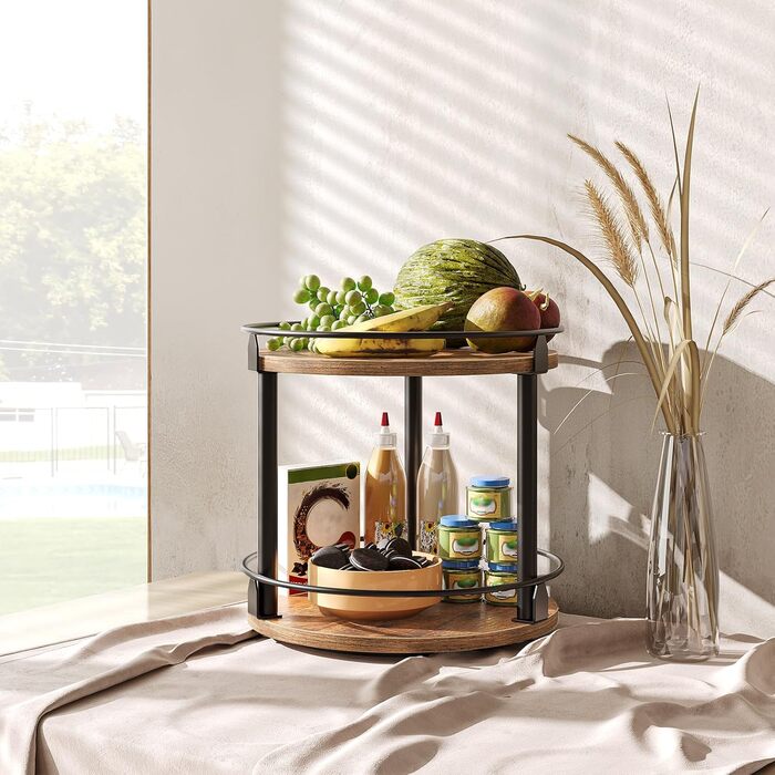 Підставка для спецій, 2-рівнева обертова кухонна полиця-органайзер, кругла обертова підставка для спецій, окремостояча, компактний тримач для спецій з поворотним столом, для кухонної стільниці, обіднього столу, вінтажний коричневий та чорний XSR22BR 26 x 