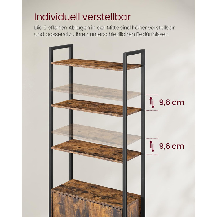 Книжкова полиця VASAGLE, 6 ярусів, полиця, окремостояча полиця з дверцятами, металевий каркас, регульовані полиці, 24 x 60 x 159,5 см, для вітальні, спальні, вінтажний коричневий-чорний LLS133K01 60B см Вінтажний коричневий чорнильний