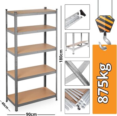 Міцний стелаж 180x90x40 см, металевий стелаж для підвалу та гаража, 5 полиць з МДФ з регульованою висотою, до 875 кг, вставний стелаж, оцинкований, роздільний