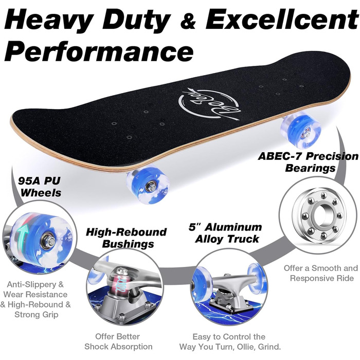 Дюймів Повний круїзерний скейтборд для дітей, підлітків та дорослих, 7-шарова увігнута дека з канадського клена Double Kick з універсальним T-Tool для початківців, колір Ocean Blue, 38