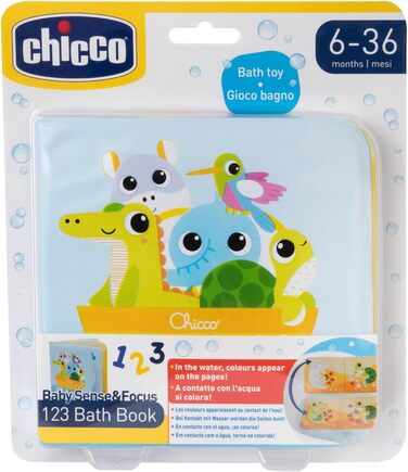 Книжка для купання Chicco з м'якого пластику вивчаємо цифри, кольори та тварин. Легка, зручно відкривається, змінює колір у воді. Для діток від 6 до 36 місяців.
