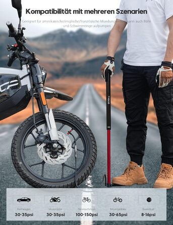 Велосипедний насос Tiakia з манометром, маленький велосипедний насос для всіх типів вентилів, алюмінієвий міні-насос, портативний насос для шин Schrader та Presta, шосейні та гірські велосипеди, 260 PSI/18 бар