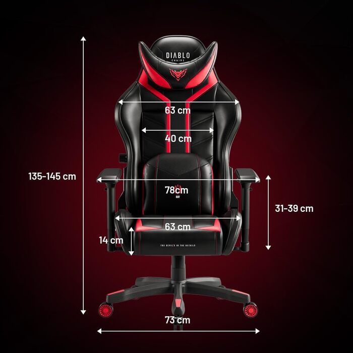 Геймерське крісло Diablo X-Ray, офісне крісло, геймерське крісло, письмове крісло, 4D підлокітники, ергономічний дизайн, штучна шкіра, перфороване, функція гойдання, чорно-червоне, розмір King (XL)