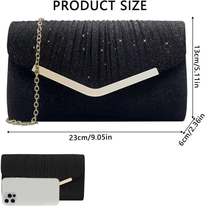 Клатч жіночий блискучий, мініатюрна сумочка-конверт, елегантна вечірня сумочка для нареченої, з від'ємним ланцюжком для весілля, вечірки, випускного (Чорний)
