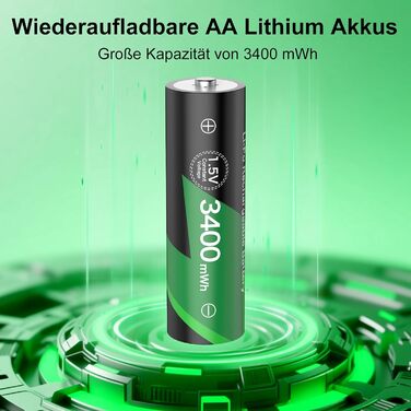 Літієві батарейки типу АА, 8 шт. , із зарядним пристроєм, акумуляторні батарейки високої ємності 1,5 В 3400 мВтгод, 1500 циклів розрядки/зарядки, зарядний пристрій із РК-дисплеєм