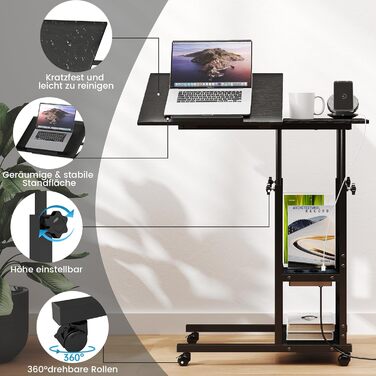Приставний столик Hadulcet, С-подібний приставний столик з колесами, регульована стільниця, журнальний столик з розеткою, регульований по висоті диванний столик, столик для ноутбука для вітальні та спальні, чорний