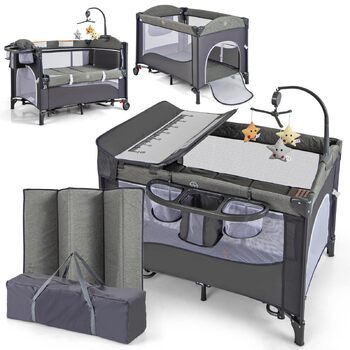 Дитяче ліжечко FANTASK 5-в-1, регульоване по висоті дитяче ліжечко з матрацом та колесами, дорожнє ліжечко з пеленальний столик, підвісні іграшки, музичний мобіль та ремені безпеки, колиска/колиска для малюків (синя)