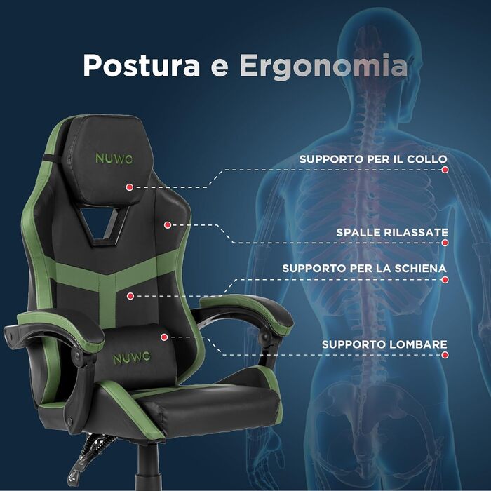 Ергономічне ігрове крісло Nuwo Odin, крісло для ПК, ігрове крісло, офісне крісло, м&39які підлокітники, регульована спинка та висота, поперекова підтримка та підголівник, 120 кг, військово-зелений, військово-зелена серія Odin