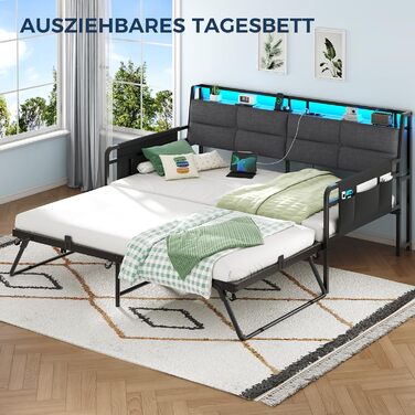 Розкладний диван-ліжко з висувним ліжком, кушетка 90x200(180x200) см, розкладна кушетка зі світлодіодним освітленням та зарядною станцією (2 розетки змінного струму, 2 порти USB), односпальне та двоспальне ліжко, гостьове ліжко сірого кольору 90x200 см/18