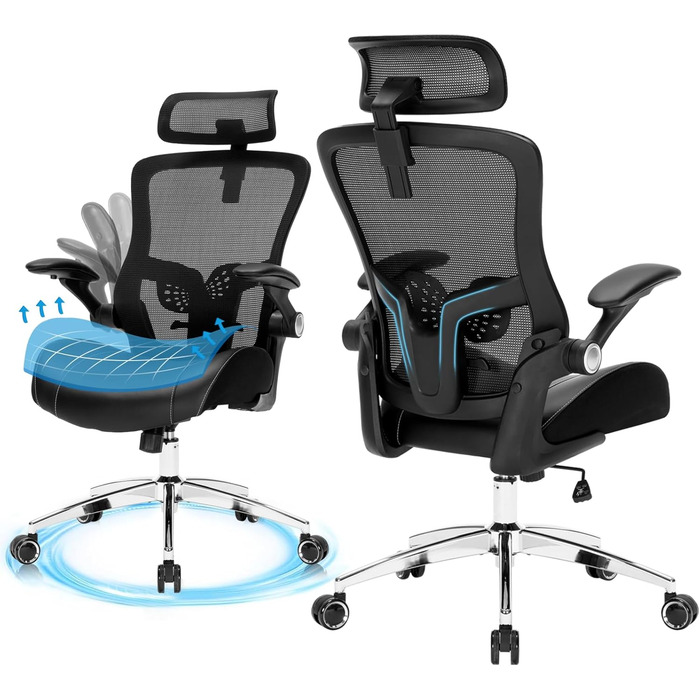 Офісний стілець 180 кг, ергономічний стілець для столу, комп&39ютерний стілець, обертовий стілець, офісні стільці, сітчастий стілець з регульованим підголівником, поперековою опорою, відкидними підлокітниками та латексною подушкою сидіння