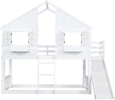 Дитяче двоярусне ліжко 90x200, ліжко-горище, ліжко-будиночок з гіркою, драбиною, вікнами, дахом та ящиком для зберігання, двоярусне ліжко, дерев&39яне ліжко, дитяче ліжко з рейковою основою та поручнями, сосна, без матраца, білий колір