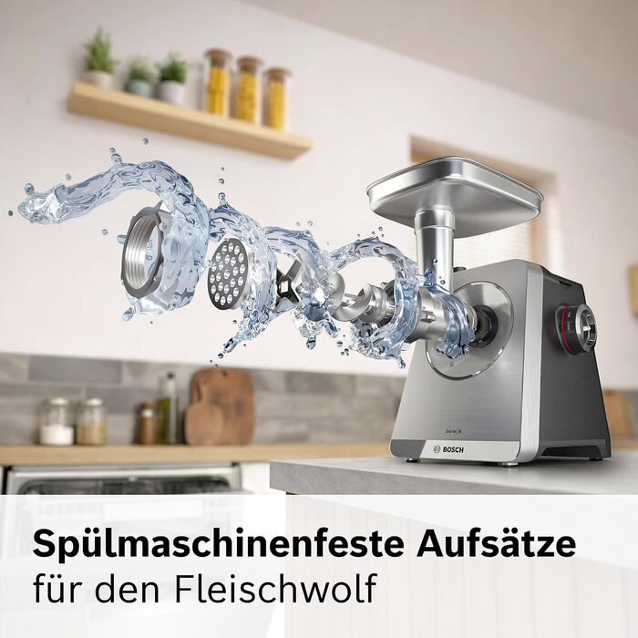 Електрична м'ясорубка Bosch Serie 8 MultiPower MFWS840M, 2500 Вт, нержавіюча сталь, 3 диски (3/4.5/8 мм), насадки для кеббе та ковбас, шинка-терка, придатна для миття в посудомийній машині