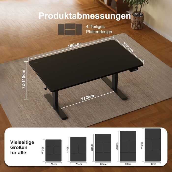 Стіл з регульованою висотою 160 x 80 см з кабельним лотком, Електрично регульований по висоті стіл для роботи стоячи з USB-портом, Комп&39ютерний стіл, Ергономічний стіл для роботи сидячи та стоячи, Офісний стіл, Чорний 160 x 80 см