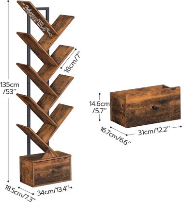 Книжкова полиця HOOBRO з шухлядою, 9-ярусна окремостояча полиця, книжкова полиця у формі дерева, полиця для DVD, окремостояча книжкова вежа, для вітальні, спальні, домашнього офісу, вінтажний коричневий EBF18SJ01G1 вінтажний коричневий чорний