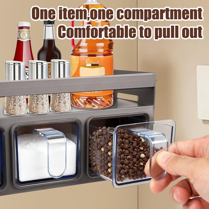 Підставка для спецій з банками для спецій, окремостояча та настінна підставка для спецій, банки для спецій з полицею, підвісна підставка для спецій (не потребує свердління) з 4 коробками для спецій, тонкий металевий органайзер для спецій на кухонну стільн