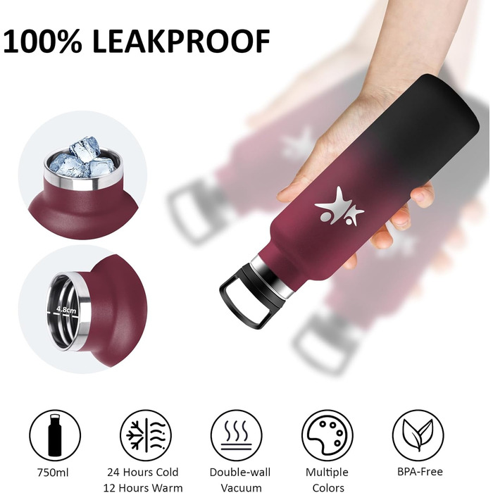 Пляшка для води з нержавіючої сталі, термос 750 мл, без BPA, ізольована пляшка з трубочкою, двостінна ізольована пляшка, герметична спортивна пляшка для води, для походів, фітнесу, йоги, кемпінгу, Rojo-negro 750 мл