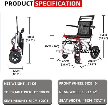 Універсальне легке складне крісло колісне з ручним гальмом, ременем безпеки, транспортне та туристичне крісло, вантажопідйомність 220 фунтів, алюмінієве інвалідне крісло для дорослих та людей похилого віку, візки, 001