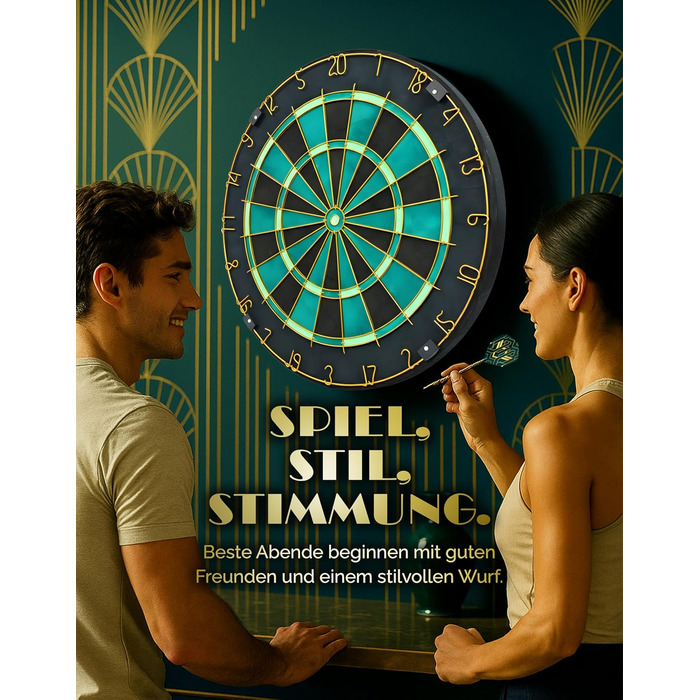 Професійна сизалева мішень для дротиків, бірюзового кольору із золотим кільцем з номером та стрілками - Професійна сталева мішень для дротиків - Мішень для дротиків з 6 металевими наконечниками, золотими стволами для дротиків та держаками