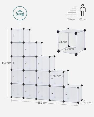 Система полиць SONGMICS, полиця для взуття, комплект із 16 кубів, пластикова шафа з дверима, модульні полиці, місце для зберігання одягу, взуття та книг, легке складання, білий LPC44BS 16 кубів (123Ш x 123В см) білий