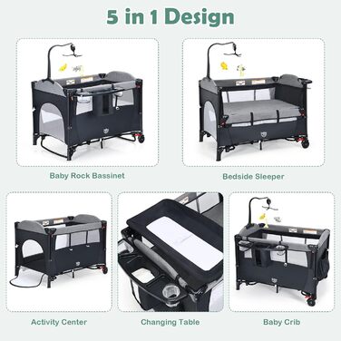 Дитяче ліжечко GOPLUS Baby Travel Cot, дитяче ліжечко з матрацом та тримачем для підгузків на колесах, дитяче ліжечко з боковим входом, сумка для перенесення, підставка для іграшок та музичний мобіль, 0-3 роки до 15 кг (чорне)
